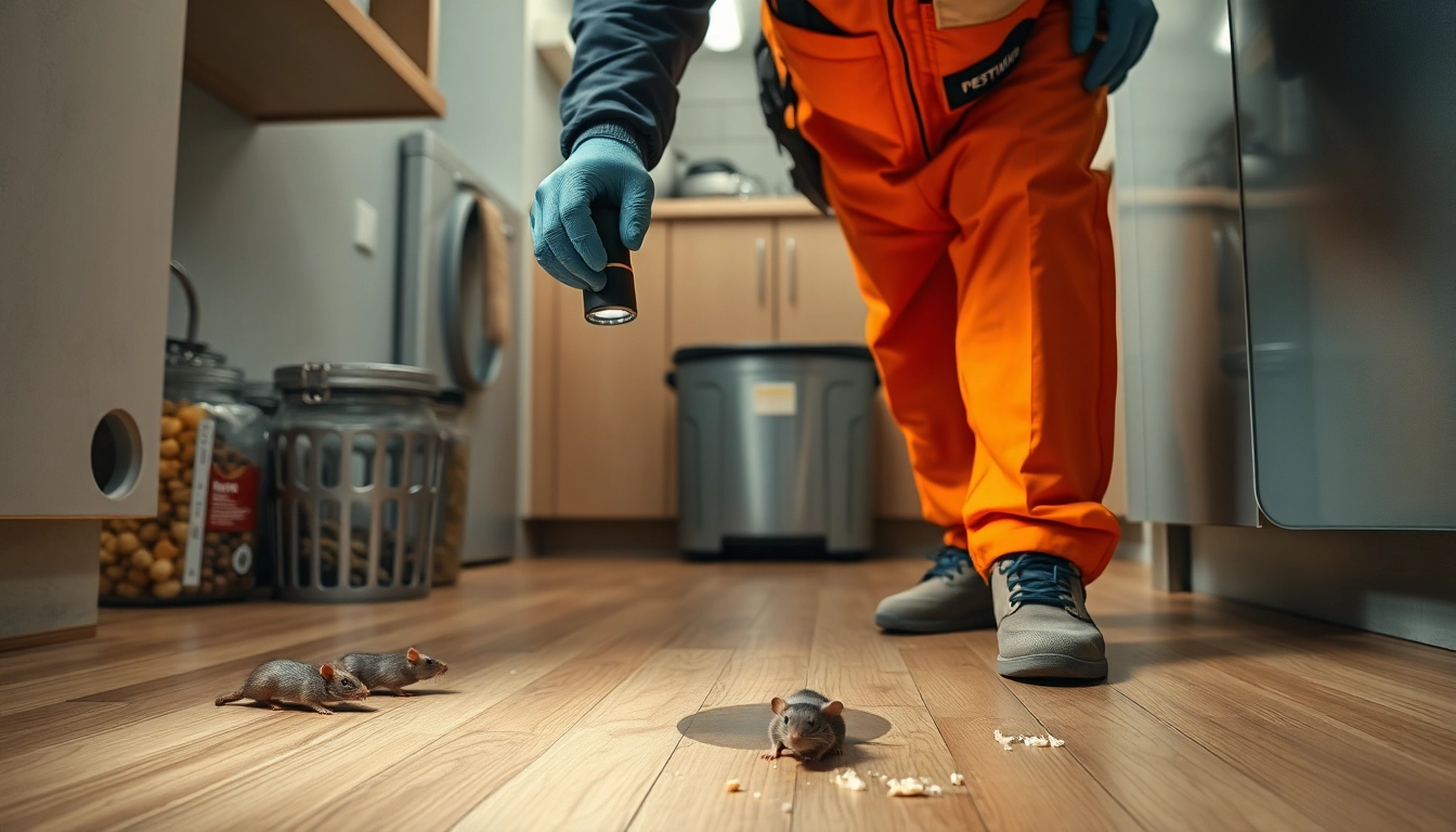 Professionele ongediertebestrijder inspecteert keuken op rattenactiviteit