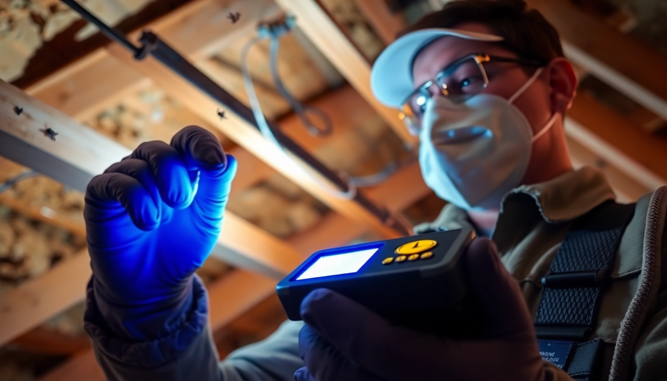 Professionele ongediertebestrijder controleert een zolder op ratten met UV-licht en digitale apparatuur.
