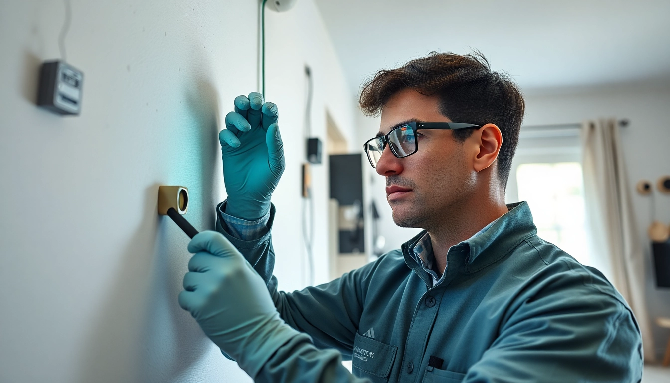 Pest control technician inspecting a wall for rats in a clean, professional setting.