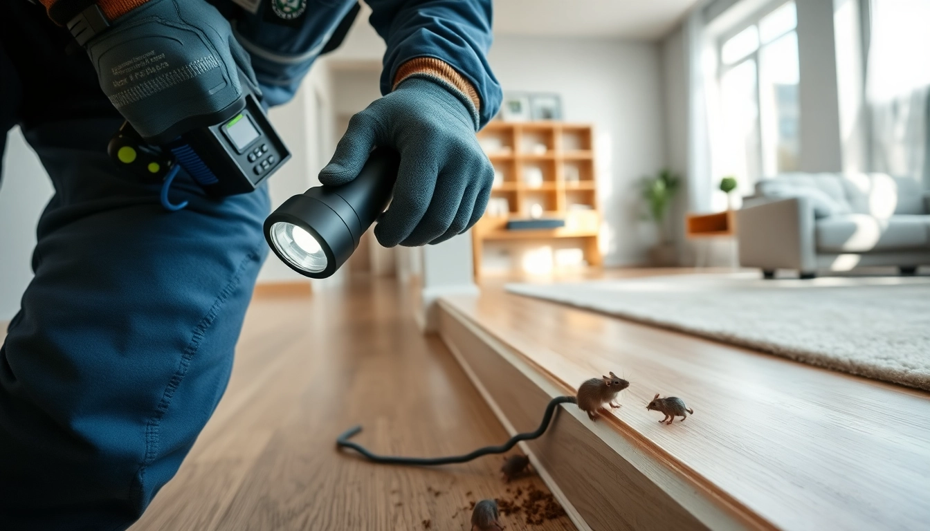 Pest control technician inspecting a home for rats, showing droppings and gnaw marks near electrical cables