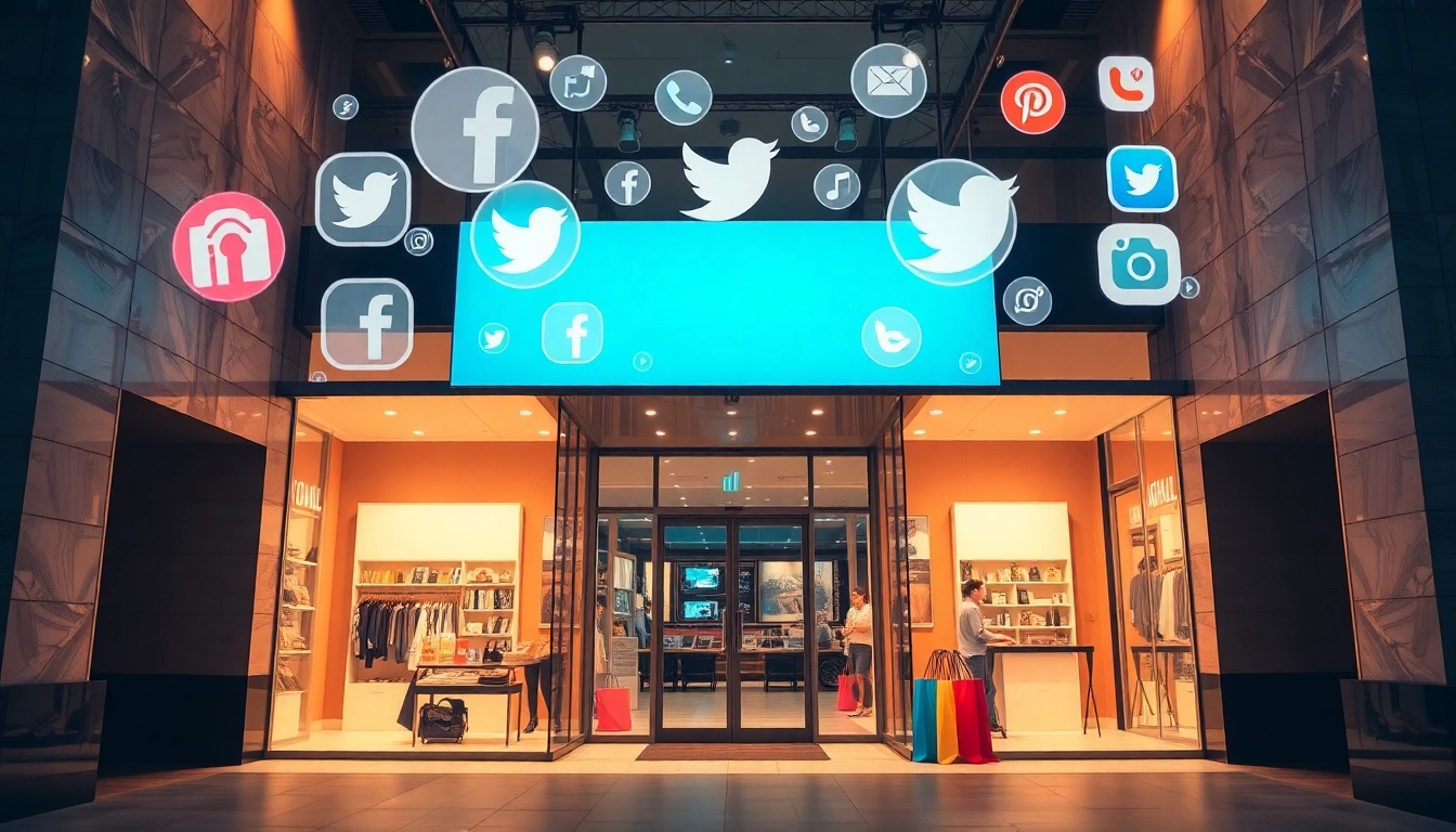 Social Commerce Insights branding with social media icons and engaged shoppers interacting on