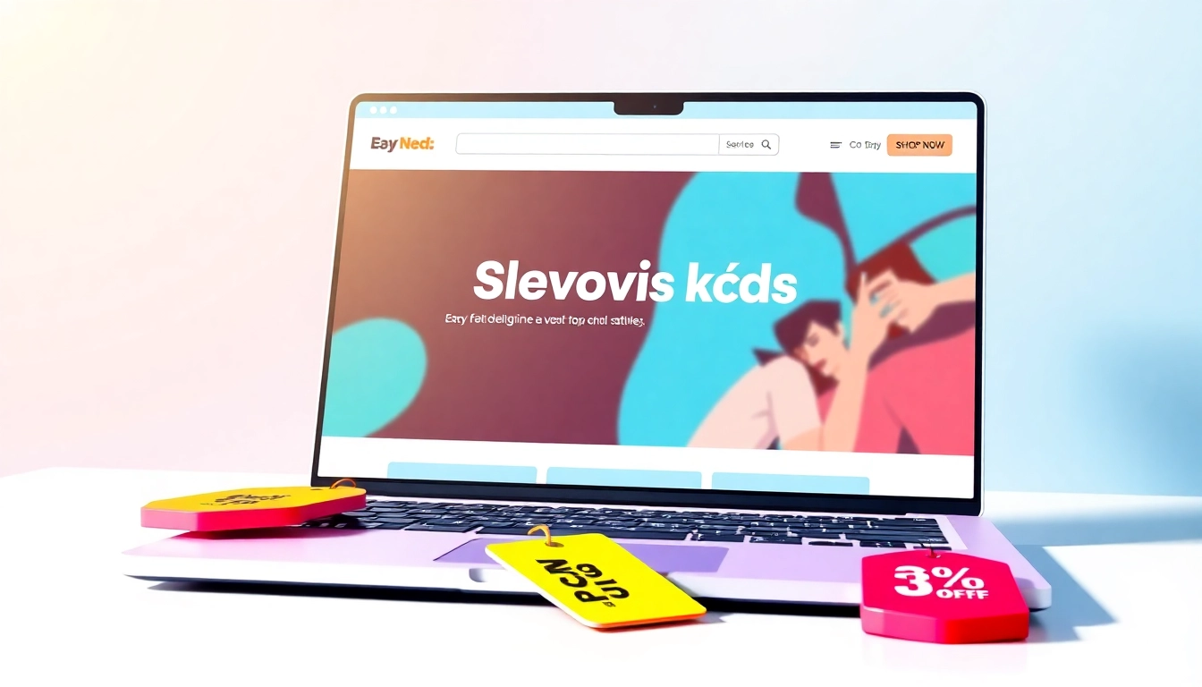 Slevovy kod discount offer on a laptop screen with shopping tags and coupon icons for online savings