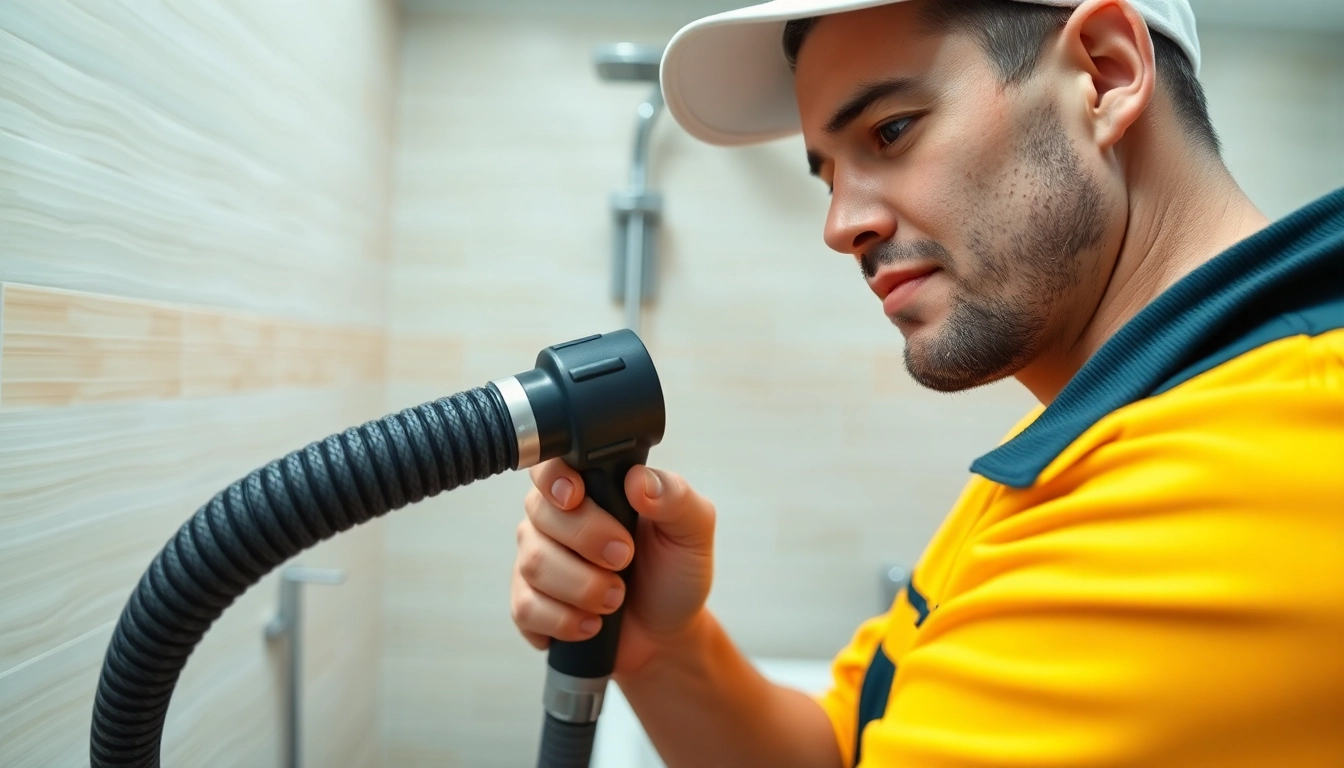 Skilled technician performing service with advanced equipment in a clean, bright bathroom