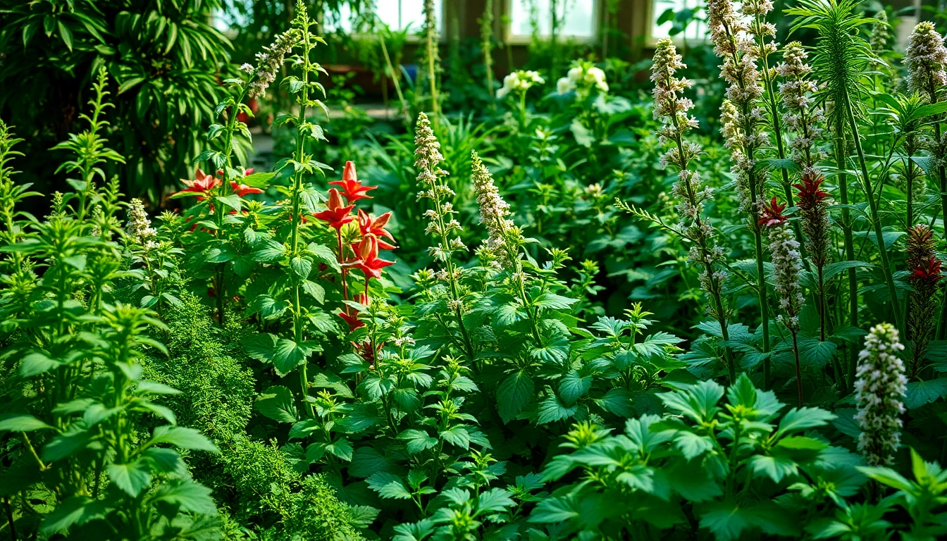 Colorful botanicals including herbs and plants in a vibrant garden setting for natural products