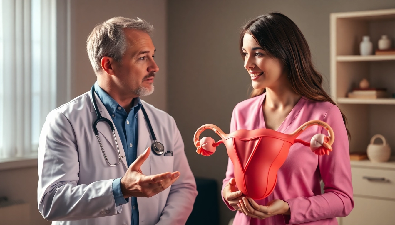 Fecondazione procedures shown by doctor using reproductive model for fertility assessment and