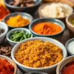 Display of spices, cooking pastes, chutneys, sauces, and ready-to-eat foods from SpiceNest,